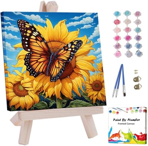 Artunion Framed Paint by Numbers Kit for Adults Beginners & Kids Ages 8-12,Sunflower Butterfly Paint by Number with Frame,Floral Paint by Numbers Kit on Canvas 10 * 10 Inch Without Easel by ArtunionDriect