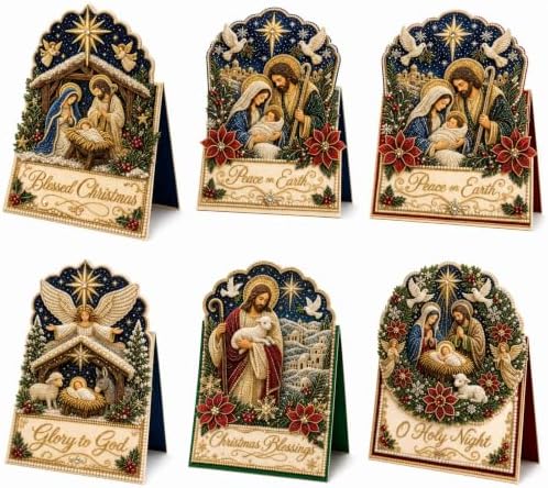 Christmas Diamond Art Greeting Cards Kit for Adults, 6 Pcs DIY Diamond Painting Christmas Cards with Envelopes, 3D Pearl Rhinestone Jesus Card Making Craft, Handmade Holiday Gifts by Unknown