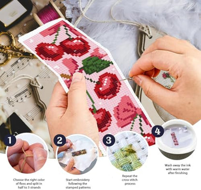 INFUNLY 6PCS Pink Cherry Cross Stitch Bookmark Kit for Adults 8.5"×3" Stamped Embroidery Bookmark Kit Bow DIY Bookmark Cross Stitch Kits with Instruction for Book Lovers Reader Writers - Image 4
