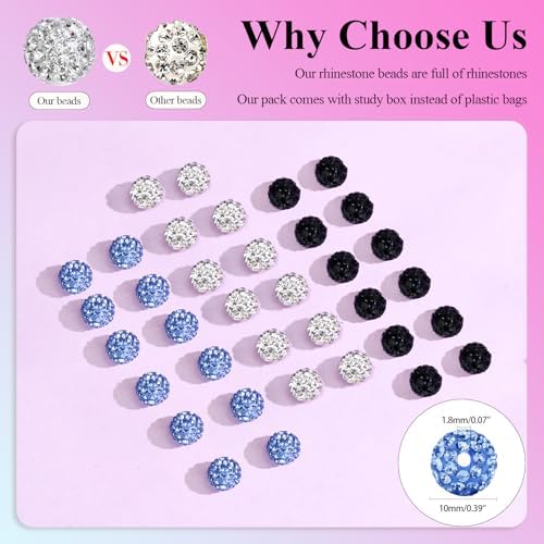 Dowarm 255PCS 10mm Rhinestone Beads for Baseball Rhinestone Necklace Bracelet Jewelry Making, Round Polymer Clay Beads for Crafts Beaded Pen, Shamballa Pave Diamond Bead, Ice Blue|White|Black - Image 3