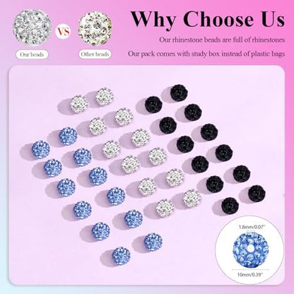 Dowarm 255PCS 10mm Rhinestone Beads for Baseball Rhinestone Necklace Bracelet Jewelry Making, Round Polymer Clay Beads for Crafts Beaded Pen, Shamballa Pave Diamond Bead, Ice Blue|White|Black - Image 3