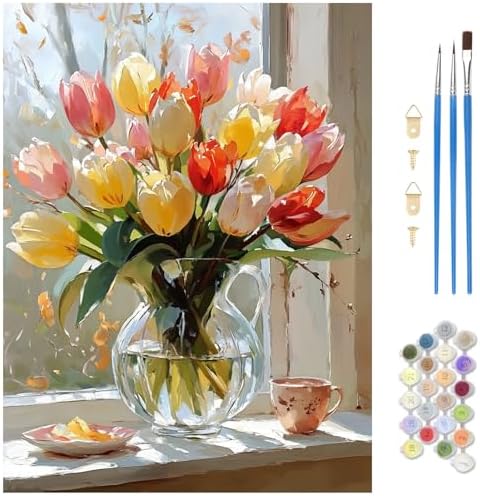 MAXBYE Flower Paint by Numbers Kit for Adults, Tulips Paint by Numbers Kits for Beginner, DIY Acrylic Color by Number on Canvas for Home Wall Decor Gift 12X16 Inch by MAXBYE