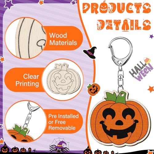 RattanView 24 Pcs Halloween Color Your Own Wooden Keychain Craft Kits - Image 5