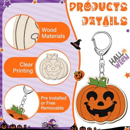 RattanView 24 Pcs Halloween Color Your Own Wooden Keychain Craft Kits - Image 5
