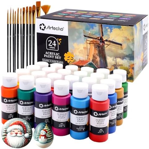 Artecho Acrylic Paint Set 24 Colors 2oz/59ml with 12 Brushes, Art Supplies by Artecho