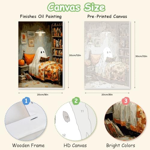 Spandrel Halloween Ghost Framed Paint by Numbers Kit for Adult, Vintage Paint by Number Kits on Canvas Ghost Reading, DIY Acrylic Oil Halloween Painting by Numbers Gifts for Home Wall Decor, 8x12in - Image 2