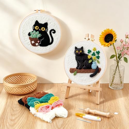 BEUNITONE 2PCS Cat Punch Needle Kit for Adults Beginners, Complete Craft Embroidery Needlepoint Kits with Hoop and Instructions, Punch Needle Starter Craft Set for Home Decor, Festival Gift 20x20cm - Image 5