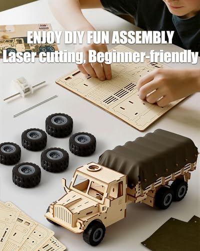 Military Truck 3D Wooden Puzzles for Adults to Build, DIY Assembly Building Toys with Pull Back Action, 118pcs Car Model Building Kits with Removable Cover, Creative Gift for Teens and Men - Image 5