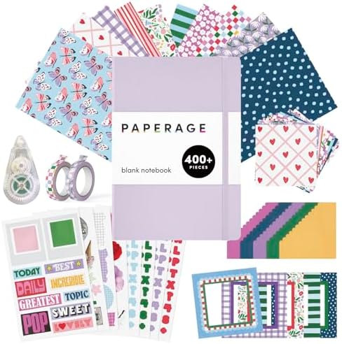 PAPERAGE Junk Journal & Scrapbook Kit, Hardcover Blank Journal Notebook, 20 Patterned Papers, 8 Sticker Sheets, 20 Die-Cut Shapes, 2 Washi Tapes & Tape Roller, Creative Journaling Supplies - Lavender by PAPERAGE