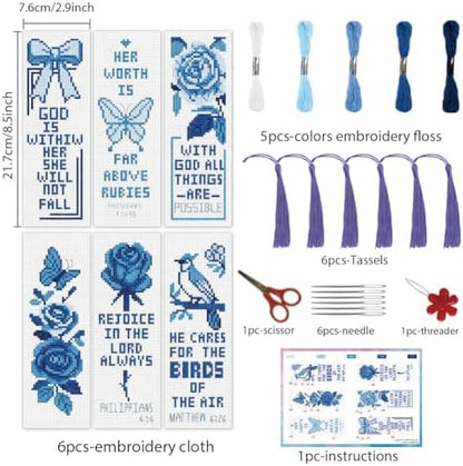 INFUNLY 6 Pcs Woman Power Stamped Embroidery Bookmark 8.5x3 inch Prayer Flower Stamped Cross Stitch Kit for Adults DIY Motivational Quote Stitch Bookmarks Kit for Readers Writers Craft Gift - Image 2