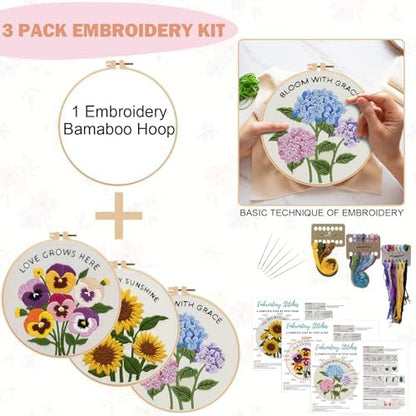 Nuberlic 3 Pack Embroidery Kit for Beginners, Floral Cross Stitch Kit - Image 3