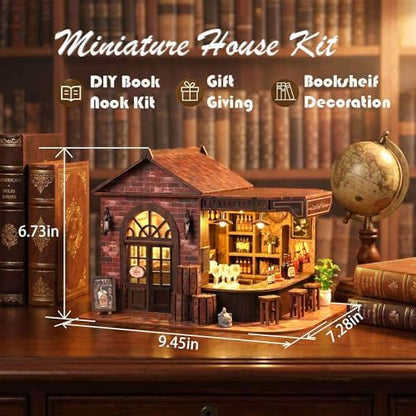Book Nook Kit, 3D Wooden Miniature Tavern & Pub Dollhouse with LED Lights - DIY Mini House Craft Model for Adults, Birthday Valentine's Day Gift for Women Men - Image 2