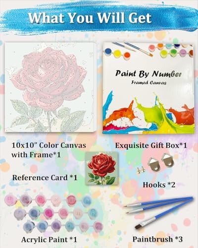 TOCARE Framed Paint by Numbers Kit for Adults Beginner & Kids Ages 8-12,Red Rose Paint by Number Framed, Simple Oil Paint by Number Kits Valentines'Day Gift (10x10 Inch, Without Easel) - Image 5