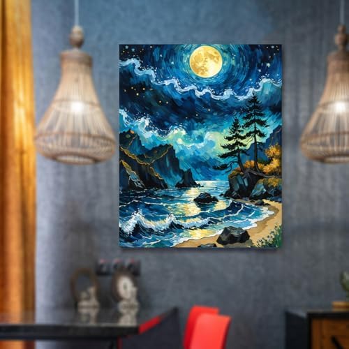 Lovepefe Seaside Scenery Paint by Numbers Kit for Adults Beginner Moon Adult Paint by Number Kits On Canvas Adults Beach Night View Oil Painting Kits for Gift Home Wall Decor 16x20 Inch - Image 4