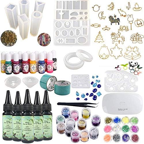 Crystal Clear UV Resin Crafts Kit with Color Liquid Pigment 12 Molds for Making Pendants Earrings Rings Bracelets Diamonds Jewelry Pieces + 58 Decorations Shining Glitter Flowers + Portable Lamp by VidaRosa