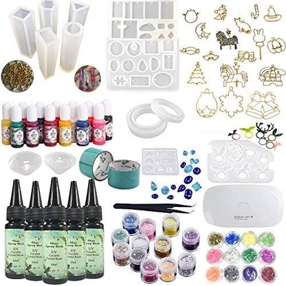 Crystal Clear UV Resin Crafts Kit with Color Liquid Pigment 12 Molds for Making Pendants Earrings Rings Bracelets Diamonds Jewelry Pieces + 58 Decorations Shining Glitter Flowers + Portable Lamp by VidaRosa