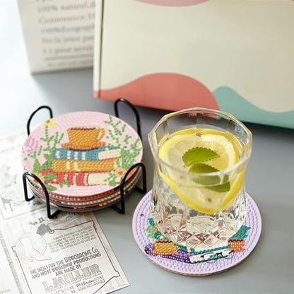 8 Pcs Book Diamond Art Coasters Kit - DIY 5D Diamond Painting Coasters with Holder, Mini Diamonds Arts Kits for Adults Coaster with Cork Pads, Gem Arts Dots Painting Crafts Supplies for Home Decor - Image 4