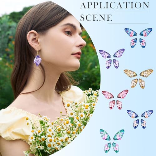 FASHEWELRY 24Pcs Resin Feather Wing Charms Gradient Color Floral Prints Wing Earring Pendants Colorful Butterfly Charms with Gold Foil for Jewelry Making - Earring Hooks & Jump Rings - Image 3