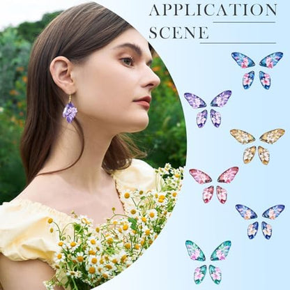 FASHEWELRY 24Pcs Resin Feather Wing Charms Gradient Color Floral Prints Wing Earring Pendants Colorful Butterfly Charms with Gold Foil for Jewelry Making - Earring Hooks & Jump Rings - Image 3