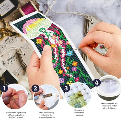 INFUNLY 6PCS Jellyfish Cross Stitch Bookmark Kit for Adults 3''×8.5'' Flowers Stamped Embroidery Bookmark Kits with Fantasy Jellyfish Needlepoint Bookmark Kit with Instruction for Book Lovers Readers - Image 4