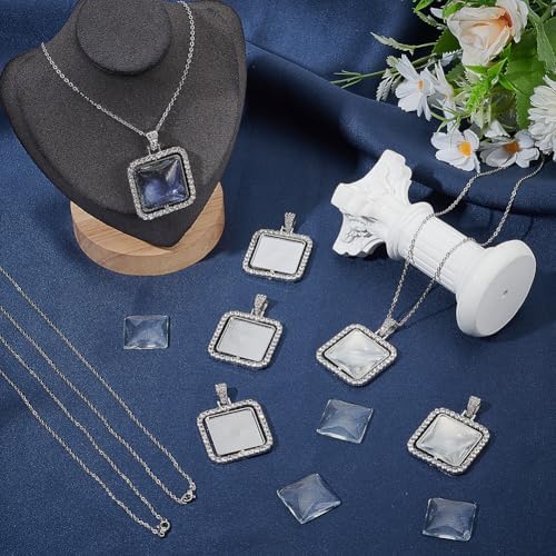 24Pcs 6 Sets Cabochon Necklace Kit Square Bezel Pendant Trays with Glass Cabochons and Chain Rhinestone Rotatable Double Sided Bezel Charms for Jewelry Making Supplies Necklace Gift Adults - Image 4