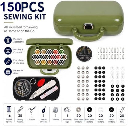 WANSHUNLMI Portable Sewing Kit Basic, 150 Pcs Sewing Supplies & Accessories Organizer for Adults,Beginner,Home,Travel,Emergency Including Scissors,Measure Tape,Needle Threader and More (Used Green) - Image 2