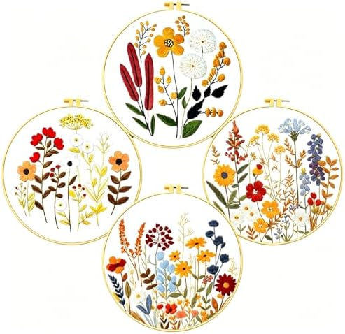 Zhenqing Floral Embroidery Kit - 4 Piece 29x29cm Round Hoop Art Set with Pre-Printed Cotton Fabric, Embroidery Hoop, Threads & Tools for Beginners (C0010) by ZhenqingHomeFlagship