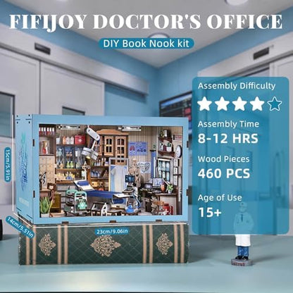 fifijoy Book Nook Kit - DIY Miniature House Doctors Clinic Dollhouse Kit for Adults, Book Nook Tiny House Bookshelf Decor Creative 3D Wooden Puzzle, Gifts for Family, Friends (Doctor's Office) - Image 4