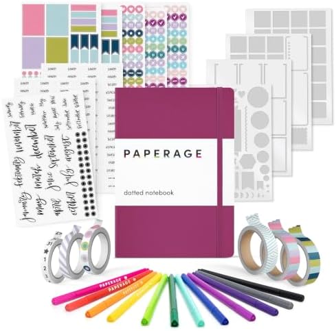PAPERAGE Bullet Journal Kit, Dotted Journaling Set & Stationary Kit, Hardcover Dotted Journal Notebook (Raspberry), 12 fineliner Pens, 8 Sticker & 3 Stencil Sheets, 6 Washi Tapes by PAPERAGE