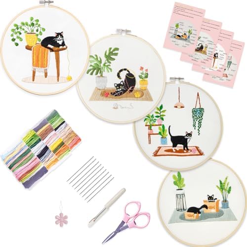 Bonroy 4 Sets Embroidery Set for Beginners, Art Craft, Easy Sewing, Includes Embroidery Clothing, Pattern, Embroidery Hoop, Instruction Manual, Colorful Thread Stitch Set (Cat) by Bonroy