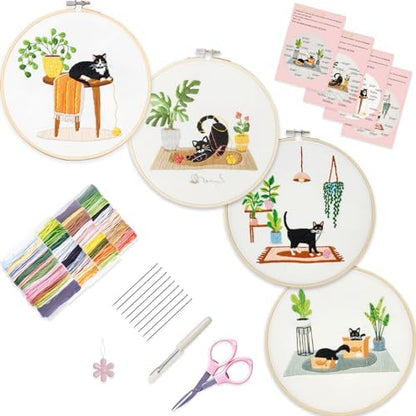 Bonroy 4 Sets Embroidery Set for Beginners, Art Craft, Easy Sewing, Includes Embroidery Clothing, Pattern, Embroidery Hoop, Instruction Manual, Colorful Thread Stitch Set (Cat) by Bonroy