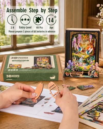 3D Puzzles for Adults-Forest Dreamscape, DIY Book Nook Kit with LED Nightlight, 3D Wooden Puzzles Hummingbird Forest Storybook Puzzle, Home Decor Gift for Adults Book Lovers - Image 3