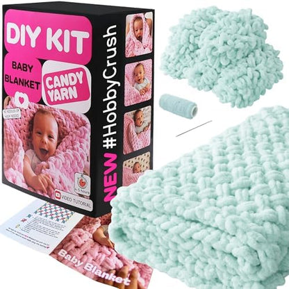 Beginner Craft Kit – Easy Loop Yarn Baby Blanket Kit for Adults & Kids, DIY Arm Knitting Kit with Soft Chenille Yarn, Perfect Handmade Gift (Mint) by Candy-Yarn