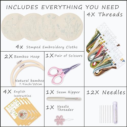Bonroy 4 Sets Embroidery Set for Beginners, Art Craft, Easy Sewing, Includes Embroidery Clothing, Pattern, Embroidery Hoop, Instruction Manual, Colorful Thread Stitch Set (11) - Image 2