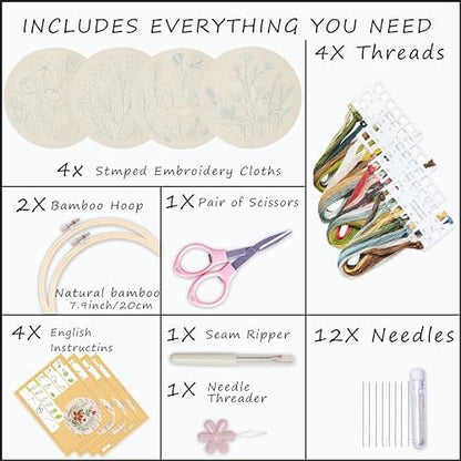Bonroy 4 Sets Embroidery Set for Beginners, Art Craft, Easy Sewing, Includes Embroidery Clothing, Pattern, Embroidery Hoop, Instruction Manual, Colorful Thread Stitch Set (11) - Image 2