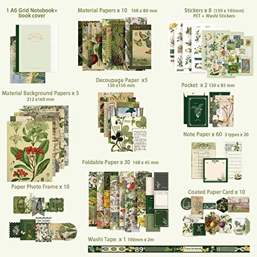 Scrapbooking Supplies Kit, Vintage Botanical Aesthetic Scrapbook Kit for Bullet Junk Journal, Stationery, A6 Grid Notebook, Flower DIY Journaling Supplies, Birthday Craft Gift for Teen Girl Women - Image 2
