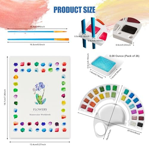 Watercolor Workbook, Water Coloring Book with 13 Pages 300GSM Paper, 26 Colors Watercolor Paint Set with Brush & Storage Bag, Beginner-Friendly Coloring Book for Adults，Flowers Theme - Image 2