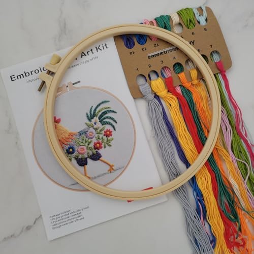 Esffaci Embroidery Starter Kit for Adult Beginner with Funny Rooster Flowers Pattern Hand Embroidery Set with Cloth Hoop Needle Threader Floss and Instruction - Image 2