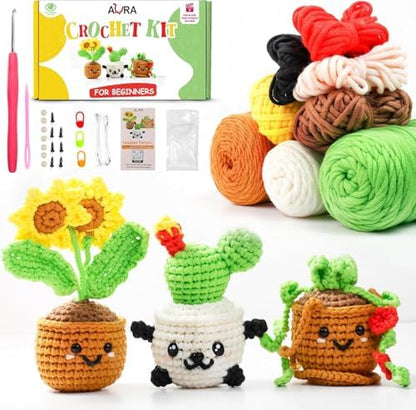 A-URA Learn to Crochet Kit for Beginners Kids and Adults, Premium 4 Animal Pattern Beginner Crochet Kits with Easy Tube Yarn & Step-by-Step Video Tutorials (Plants Crochet Kits) by AURA