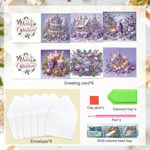 6Pcs Christmas Greeting Card DIY Diamond Art Painting Greeting Cards Blessing Folding Card Kit with White Envelopes Diamond Arts Crafts for Birthday Festival Gift-Purple - Image 7