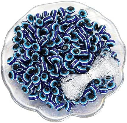 200pcs Oval Royal Blue Evil Eye Resin Lampwork Beads 10mm Charms Spacer Bead with Elastic Rope for Bracelets Necklace Jewelry Craft Making by LUBINGSHINE