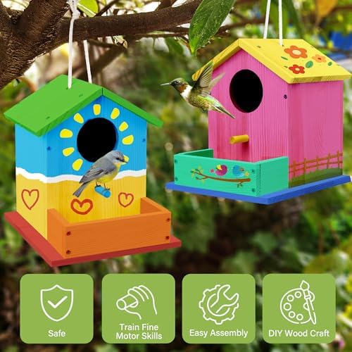 LotFancy Bird House Kit, DIY Wooden Birdhouse Kits, Arts and Crafts Painting Kits for Kids Ages 4+, Build and Paint, Including Paints & Brushes - Image 6