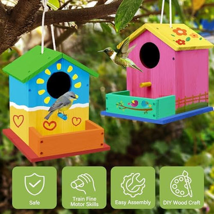 LotFancy Bird House Kit, DIY Wooden Birdhouse Kits, Arts and Crafts Painting Kits for Kids Ages 4+, Build and Paint, Including Paints & Brushes - Image 6