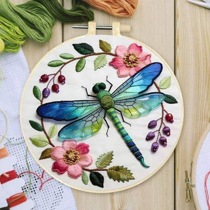 FRANDEK DIY Flower Dragonfly Stamped Embroidery Kit with Hoop for Adults - Image 3