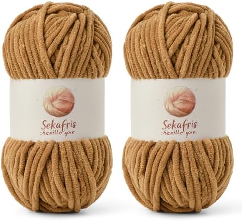 Chenille Blanket Yarn for Crocheting Size 5 Bulky Yarn, 2 Brown by Sekafris