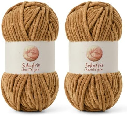 Chenille Blanket Yarn for Crocheting Size 5 Bulky Yarn, 2 Brown by Sekafris