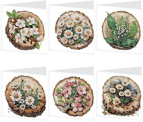 6 Pack Diamond Painting Greeting Card Kits with Envelopes, 5D Handmade Floral Wooden Slice Cards, DIY Crystal Rhinestone Diamond Art Cards for Christmas, Birthday, Thanksgiving, and Holidays by AiYuanzsh