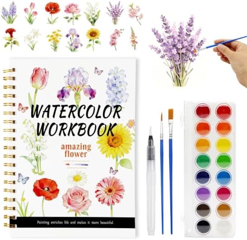 Watercolor Workbook for Adults – Flowers Watercolor Coloring Book with 14 Watercolor Paintings, 16 Colors, 3 Brushes & Color Mixing Guide – Large 200GSM Paper for Beginners & Art Enthusiasts by ZABARE