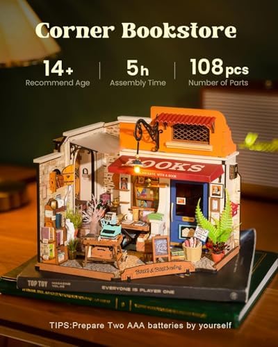 Rowood Miniature House Kit,Mother's Day Mini House Building Kit with LED,DIY Dollhouse Craft Kits for Adults,Birthday for Women Ages 14+(Corner Bookstore) - Image 5
