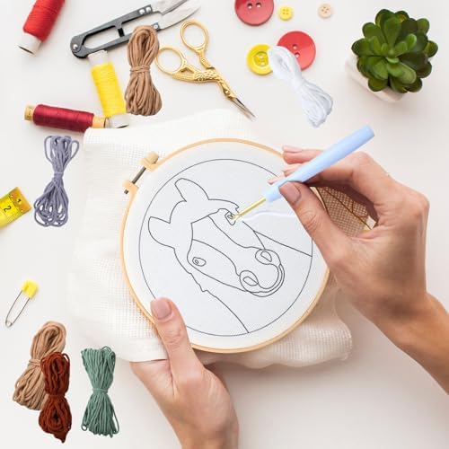 SmoothNovelty Horse DIY Punch Needle Kits for Beginners with Hoop Embroidery Fabric Instructions Thread Punch Needle Craft Set Easy for Starter Adults and Children Gift Decoration, 20x20cm-4 - Image 5